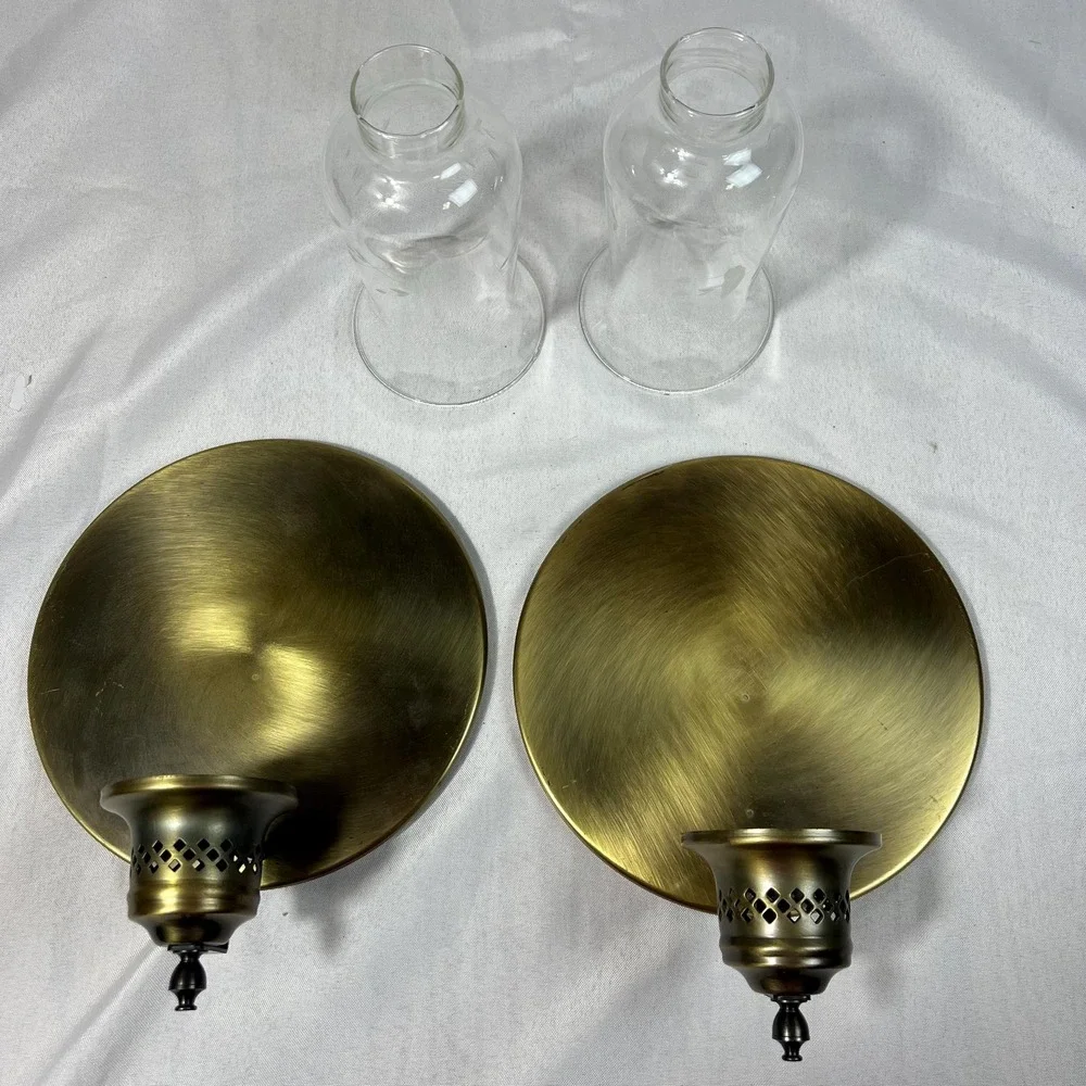 Vintage Brass Wall Sconces Pair Etched Glass Hurricane Shades Round Backplates